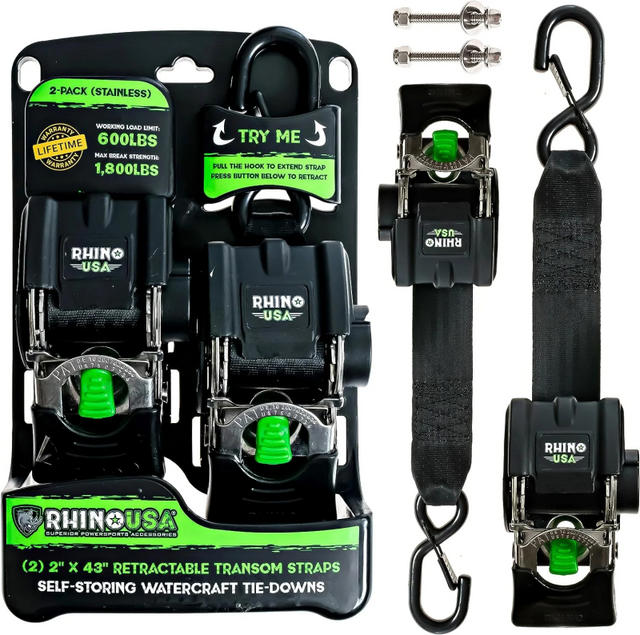Rhino USA Retractable Transom Straps (2 Pack-Stainless) Rhino USA Tow Straps  AXOPROS