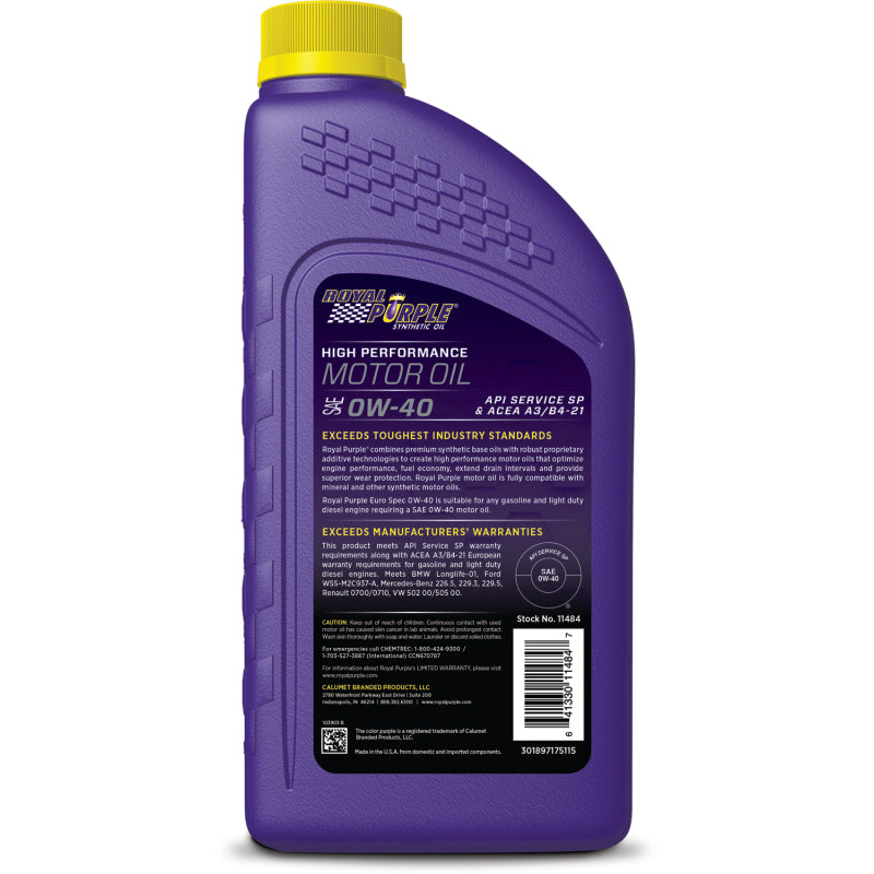 Royal Purple Premium Synthetic High Performance Euro Formula 0W-40 Motor Oil - 1 Quart Royal Purple Motor Oils  AXOPROS