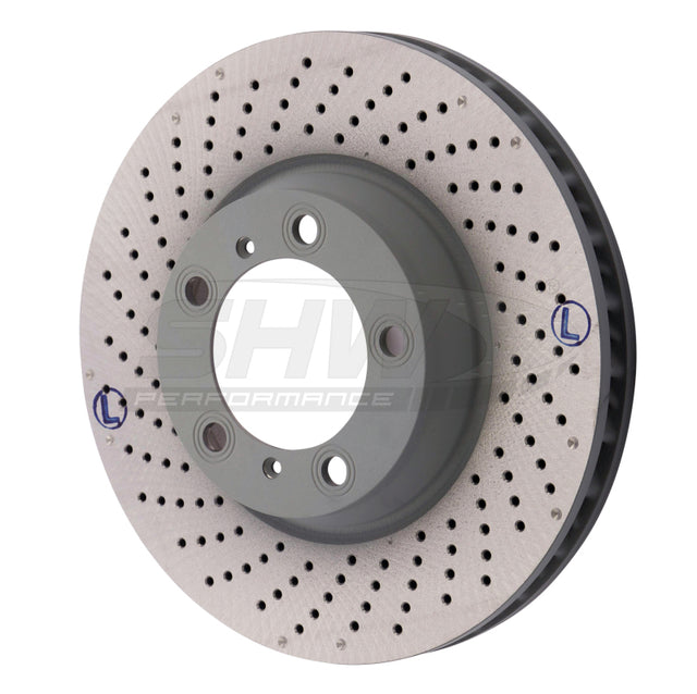 SHW 2012 Porsche 911 Carrera4 GTS 3.8L w/o Ceramic Brakes Left Frt Drill-Dimp MB Rotor (99635140904) SHW Performance Brake Rotors - Drilled  AXOPROS
