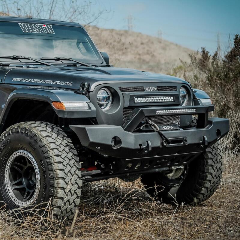 Westin 18-20 Jeep Wrangler WJ2 Full Width Front Bumper w/LED Light Bar Mount Textured Black Westin Bumpers - Steel  AXOPROS