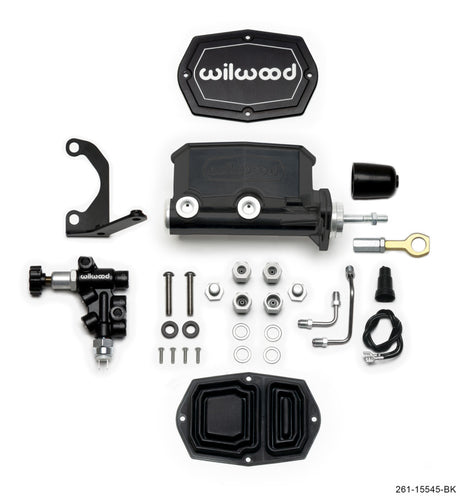 Wilwood Compact Tandem M/C - 1.12in Bore w/Bracket and Valve fits Mustang (Pushrod) - Black Wilwood Brake Master Cylinder  AXOPROS