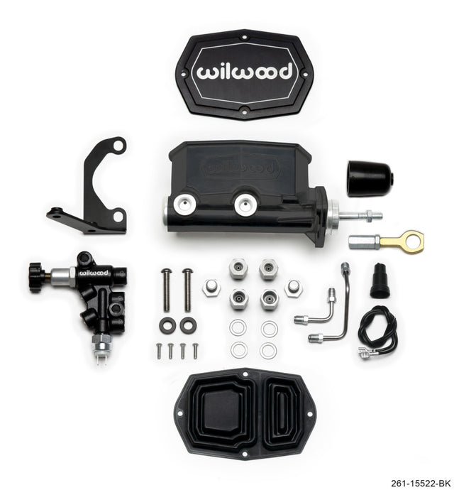 Wilwood Compact Tandem M/C - 7/8in Bore w/Bracket and Valve fits Mustang (Pushrod) - Black Wilwood Brake Master Cylinder  AXOPROS