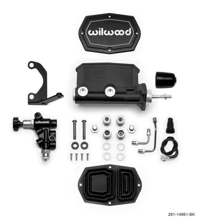 Wilwood Compact Tandem M/C - 7/8in Bore - w/Bracket and Valve (Pushrod) - Black Wilwood Brake Master Cylinder  AXOPROS