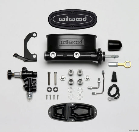Wilwood HV Tandem M/C Kit w L/H Bracket & Prop Valve - 7/8in Bore Black-W/Push. - Early Mustang Wilwood Brake Master Cylinder  AXOPROS