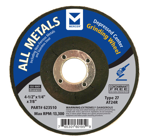 Mercer 623510 - 4-1/2"x1/4"x7/8" AT24R T27 Depressed Center Grinding Wheel for Stainless Steel - Single Grit