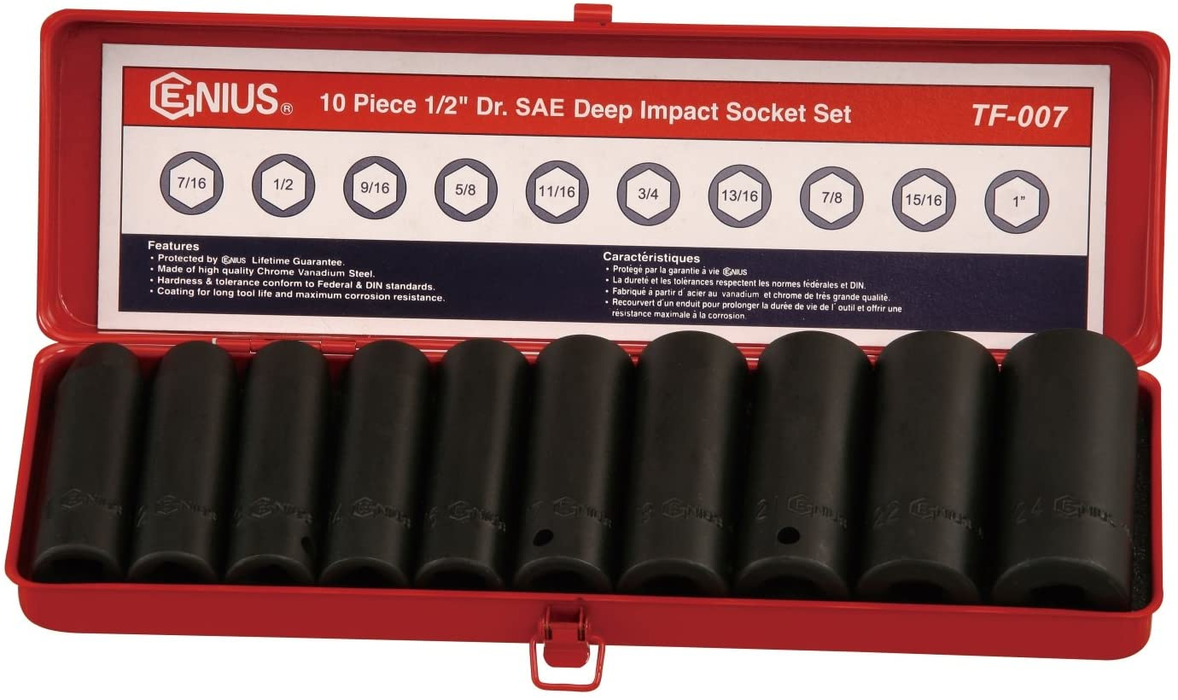 Genius TD-410S - 10 Piece 1/2” Dr. SAE Deep Impact Socket Set