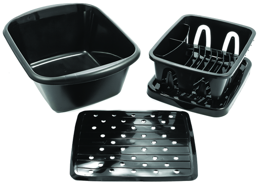 Camco 43518 Sink Kit  - w/Dish Drainer, Dish Pan & Sink Mat, Black  Bilingual