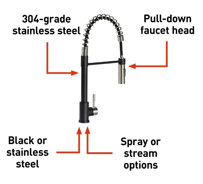 Lippert Components 2022109922 - Flow Max™ Coiled Pull-Down Kitchen Faucet - Black/Stainless Steel