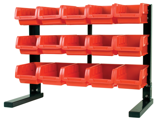 PTW5186 - Table Top Storage Metal Rack with 15 small Red plastic bins